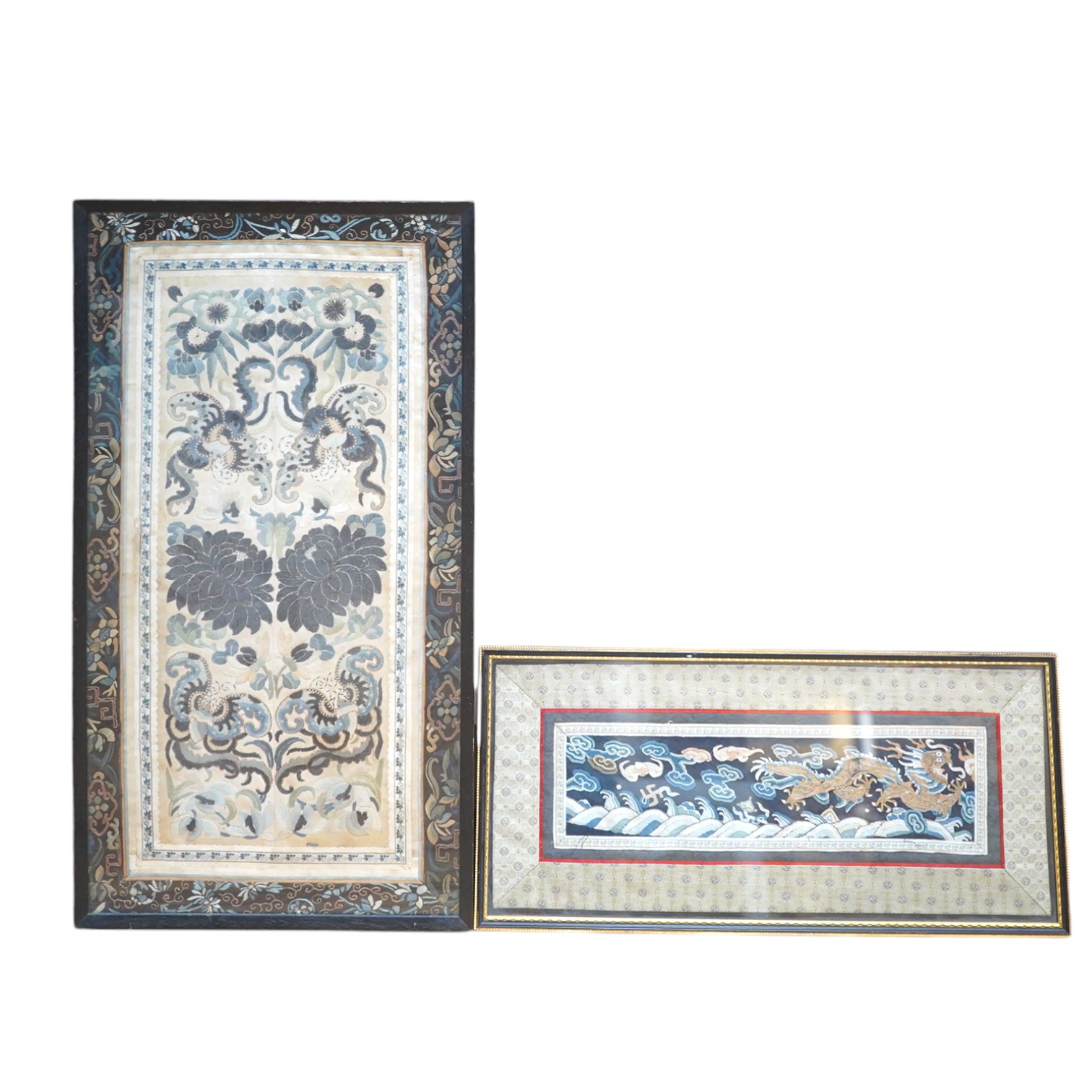 A Chinese framed Kesi gold dragon embroidery, probably originally part of a robe, together with a Chinese framed silk embroidered butterfly sleeve band, both items edged with narrow silk braiding and bordered with silk b